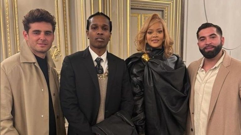 Rihanna, incredibly stylish, poses with Kendji Girac and Brigitte Macron