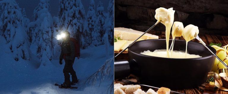 Snowshoeing under the moon and fondue in a shelter in Tremblant