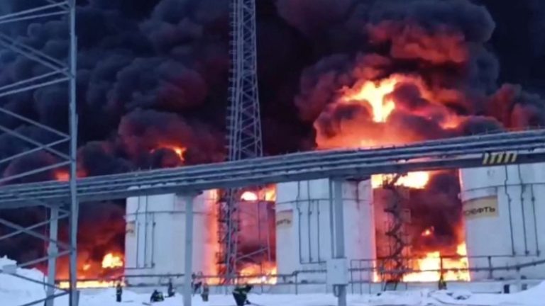 a Russian oil depot on fire after an attack attributed to kyiv by Moscow