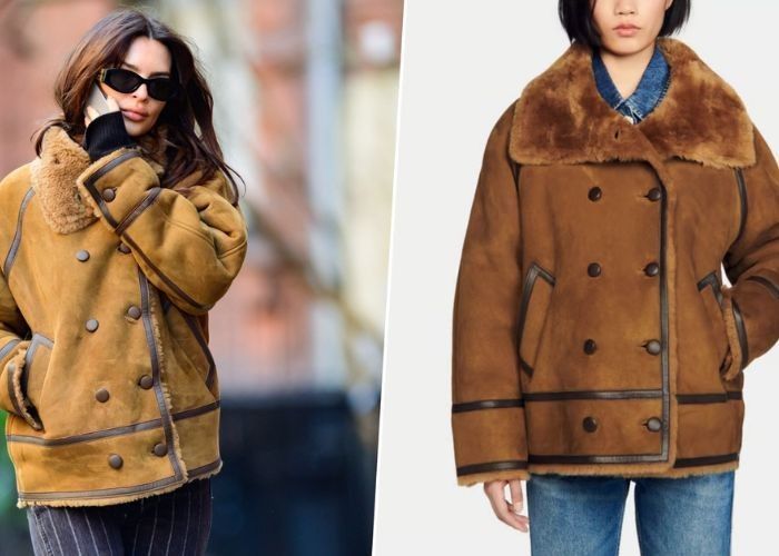 the Sandro shearling coat seen on Emily Ratajkowski