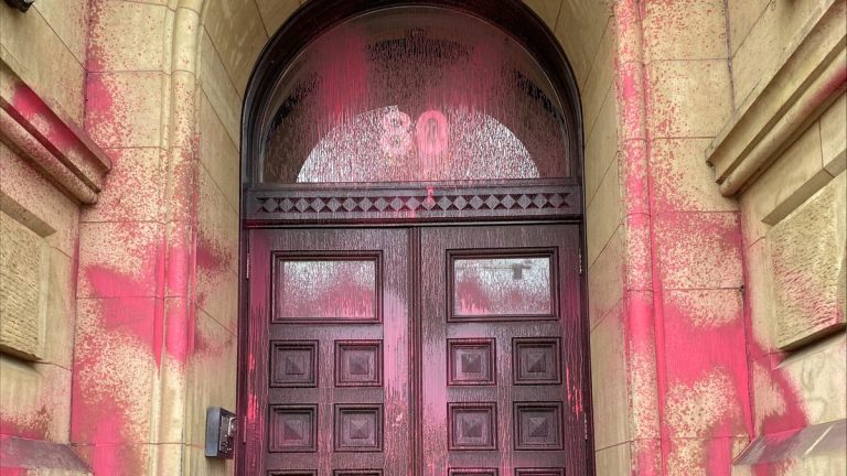 An entrance to Justin Trudeau’s office vandalized