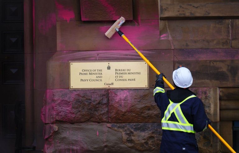 Climate activists spray Trudeau’s office with pink paint