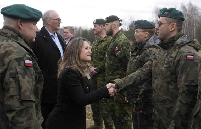 Ministers Freeland and Blair visit military camp in Poland