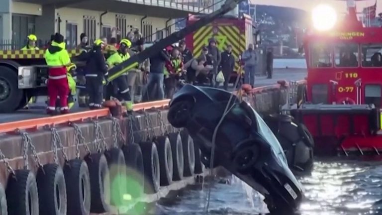 the unusual rescue of a Tesla that fell into a fjord