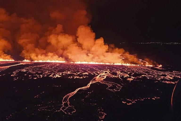 Iceland |  Lava from an erupting volcano continues to advance