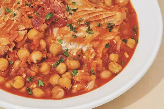 Recipe of the week |  Cod in chorizo, saffron, chickpea and lemon sauce