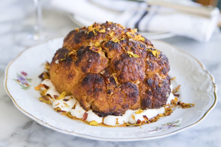 Recipe of the week |  Roasted cauliflower with tahini and harissa, orange blossom labneh