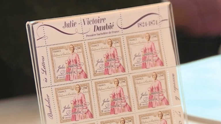 a stamp bearing the image of Julie-Victoire Daubié, the first woman to obtain the baccalaureate