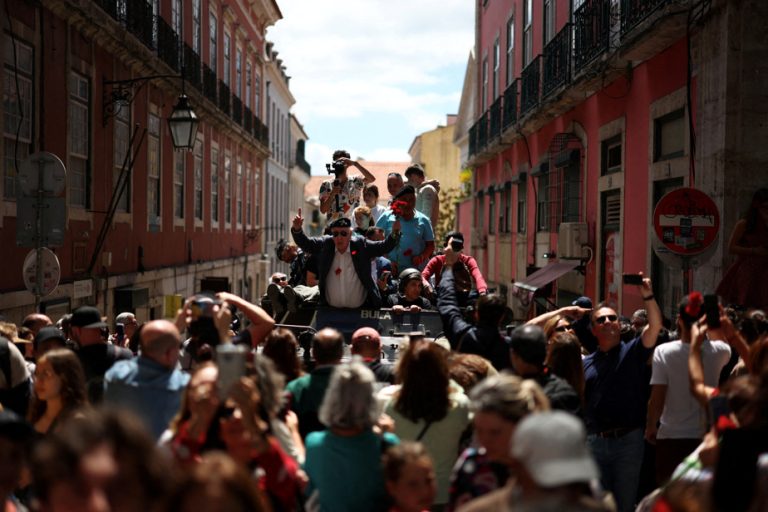 A crowd celebrates 50 years of democracy in Portugal