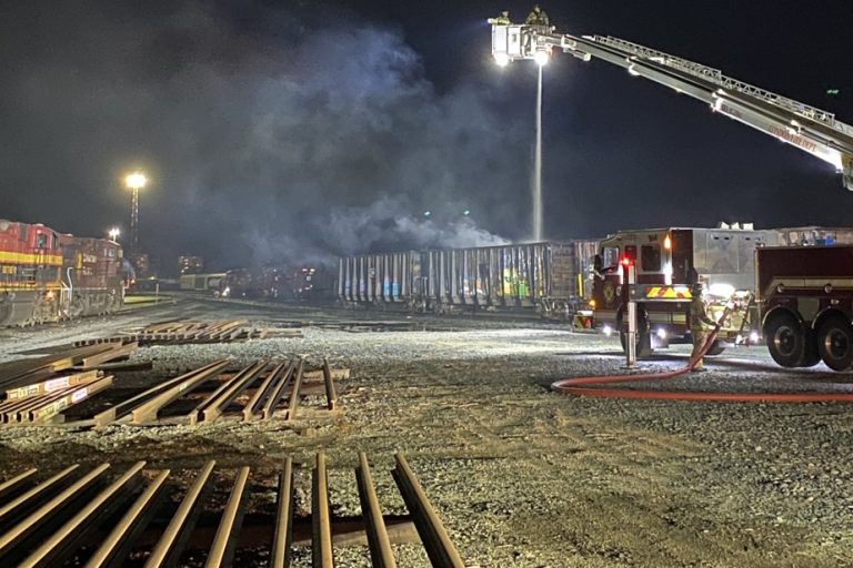 A freight train caught fire Sunday in Ontario