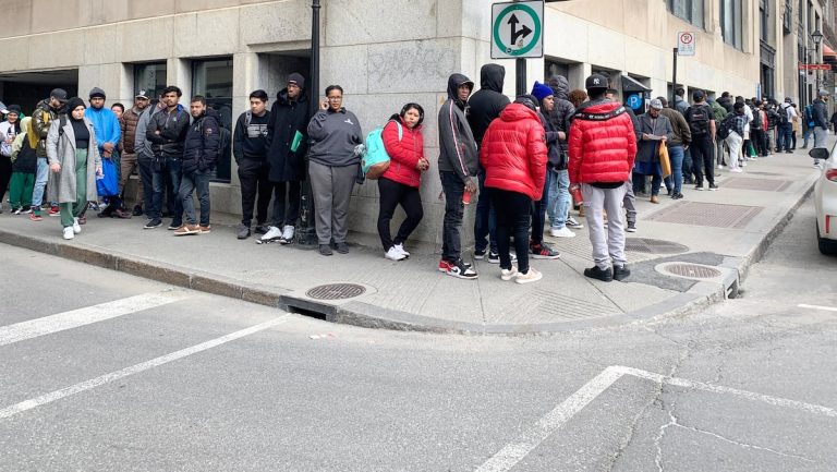 Another huge line of asylum seekers in front of the Services Québec offices in Old Montreal