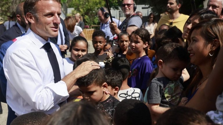 Emmanuel Macron visiting a Parisian elementary school this morning