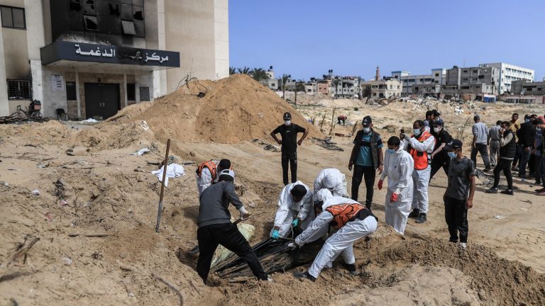 at least 50 bodies found buried in hospital courtyard targeted by Israeli raid