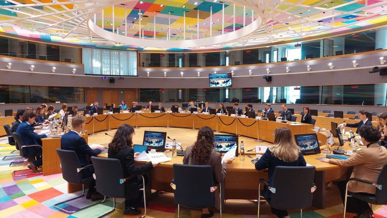 in Brussels, young students play the role of EU leaders to simulate a European Council