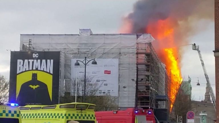 the old Copenhagen Stock Exchange ravaged by flames