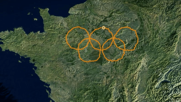 two amateur cyclists travel 2,196 kilometers to trace the Olympic rings on the map of France