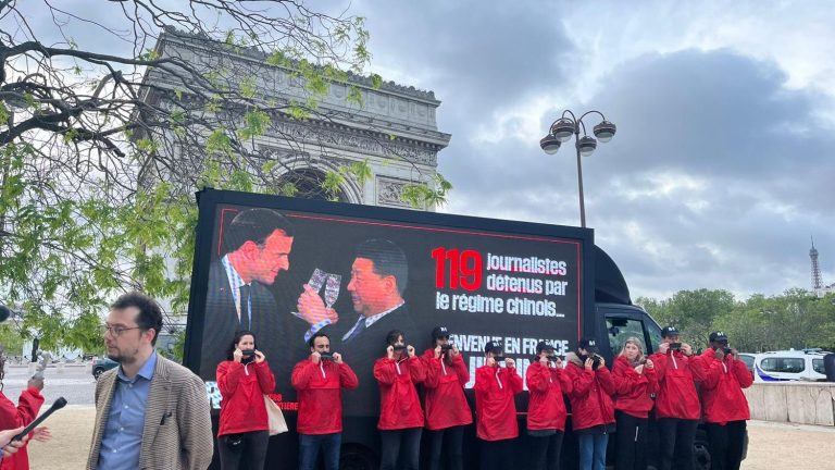 Action by Reporters Without Borders in Paris to protest against the reception of the Chinese president