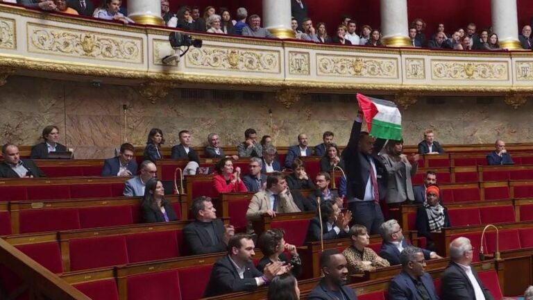 an LFI deputy brandishes a Palestinian flag