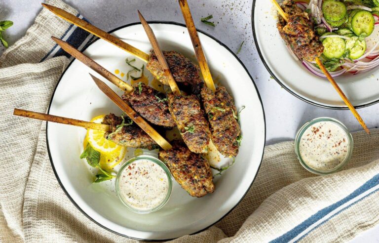 Lamb koftas with mint, lemon and sumac sauce