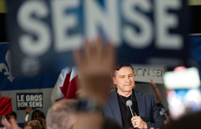 Pierre Poilievre delivers a speech at a Conservative partisan rally in Montreal