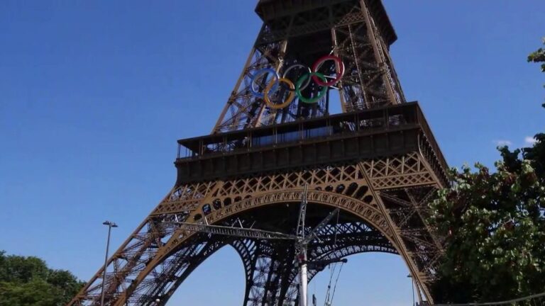 the Olympic rings installed on the Eiffel Tower