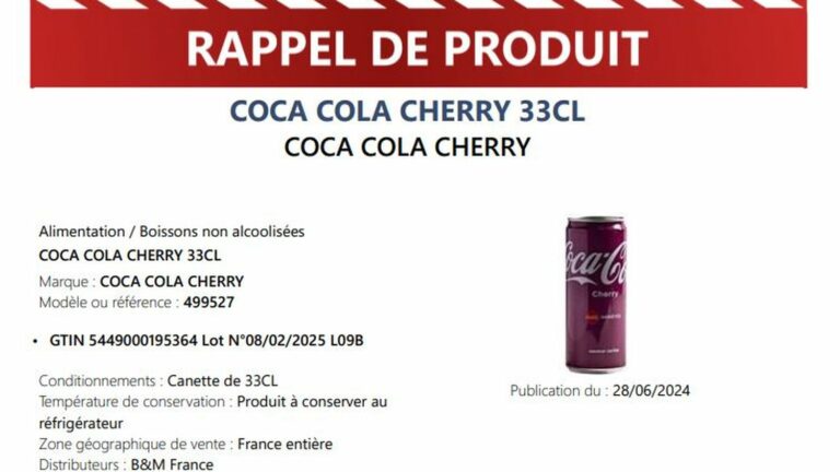 The Rappel Conso website warns of the presence of the endocrine disruptor in 33 cl cans of Coca-Cola Cherry sold by the B&M brand