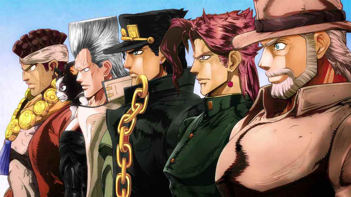 Mohammed Avdol, Iggy le Boston Terrier, Jean Pierre Polnareff, Jotaro Kujo, Noriaki Kakyoin et Joseph Joestar dans la séquence d'ouverture de JoJo's Bizarre Adventure : Stardust Crusaders.