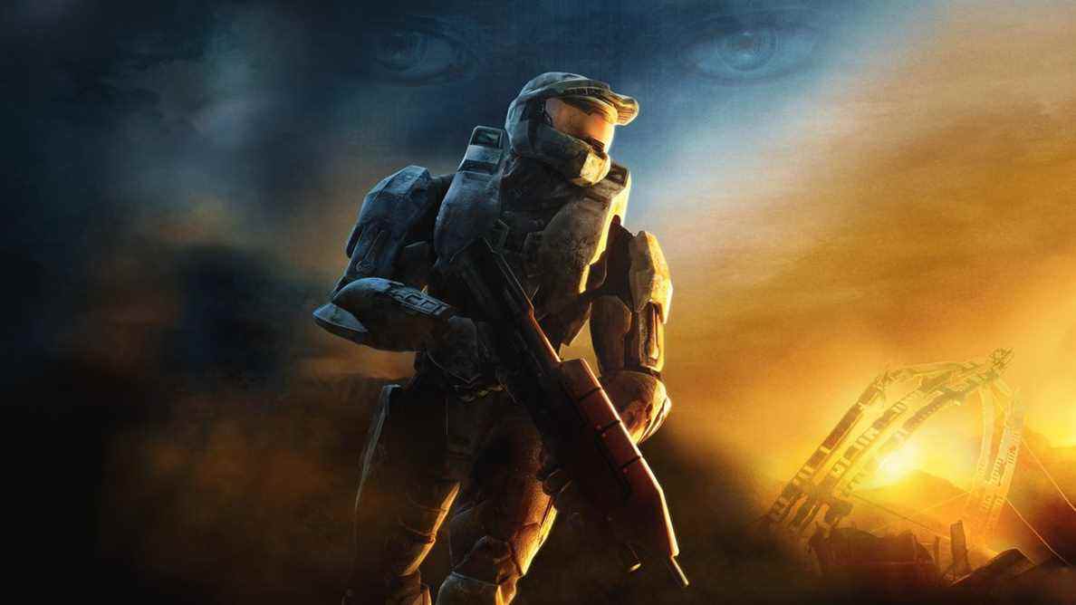 Master Chief se tient devant un arrière-plan, avec les yeux de Cortana se profilant