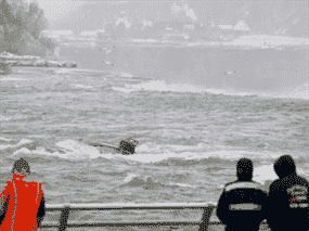 Des gens regardent une voiture immergée dans des rapides près du bord des chutes américaines à Niagara Falls, New York, le 8 décembre 2021.