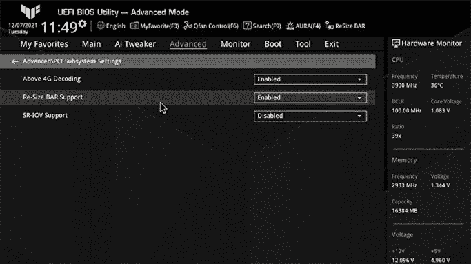 Une capture d'écran du BIOS UEFI d'Asus, montrant comment activer la prise en charge de la barre redimensionnable.