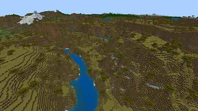 Un paysage Minecraft Bedrock de collines de savane et de rivières.