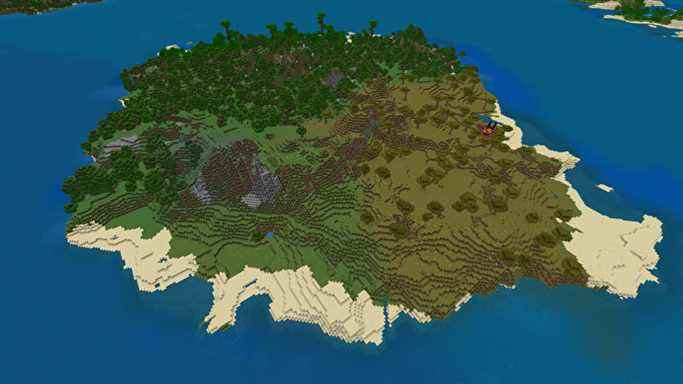 Une grande île entourée d'océan dans un monde Minecraft Bedrock.