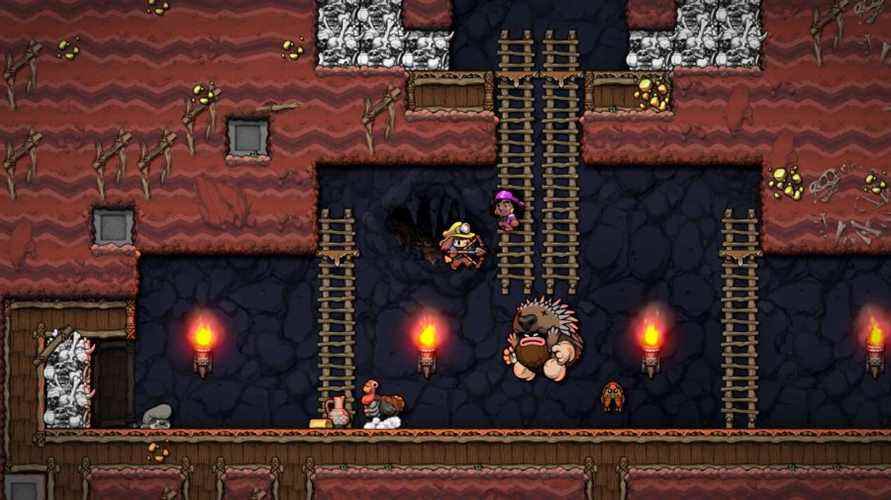 Meilleurs jeux roguelike - Spelunky 2 protagoniste tirant sur un porc-épic avec une flèche