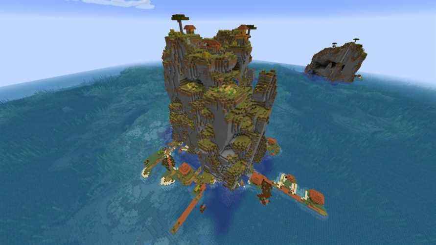 Un village Minecraft 1.18 construit dans une grande île rocheuse