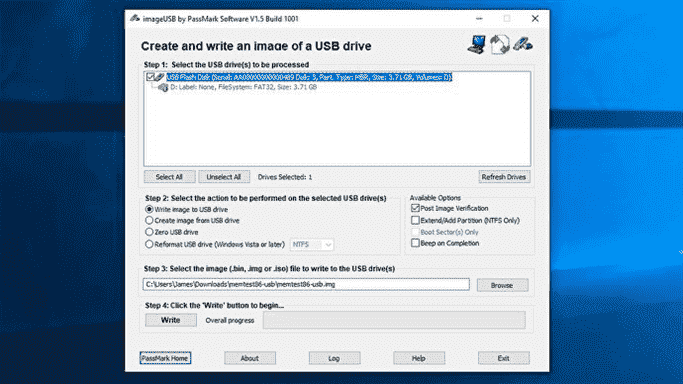 Une capture d'écran de l'outil de création d'image USB MemTest86.