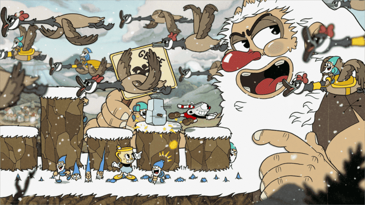 une image de la cuphead du jeu animé.  il y a un gros géant barbu qui ressemble à un boss et des canards partout dans le niveau.