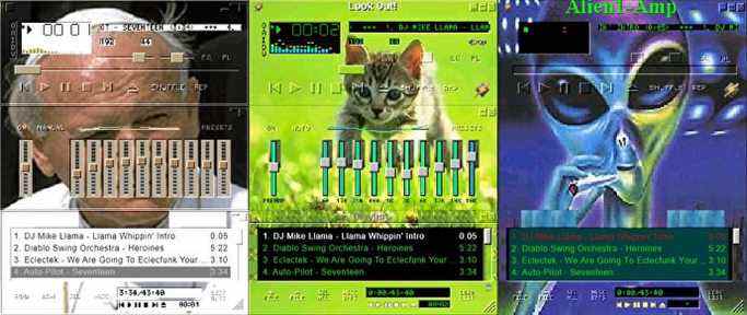 Une capture d'écran de plusieurs skins Winamp : le Pape, un chaton dans un champ et un extraterrestre fumant de l'herbe.