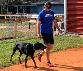 Romano et son doberman, Otto, qui profite également de son séjour à l'académie, s'ébattant avec les animaux de la basse-cour qui y sont hébergés.  (Rob Longley, Toronto Sun)