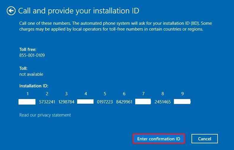 Identifiant de confirmation d'activation de Windows 10