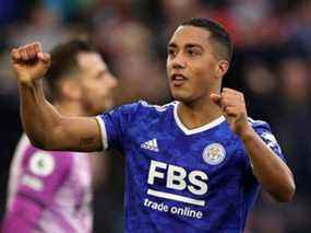 Youri Tielemans de Leicester City célèbre un but lors de l'action de Premier League contre Newcastle United au King Power Stadium de Leicester, en Angleterre, le dimanche 12 décembre 2021.