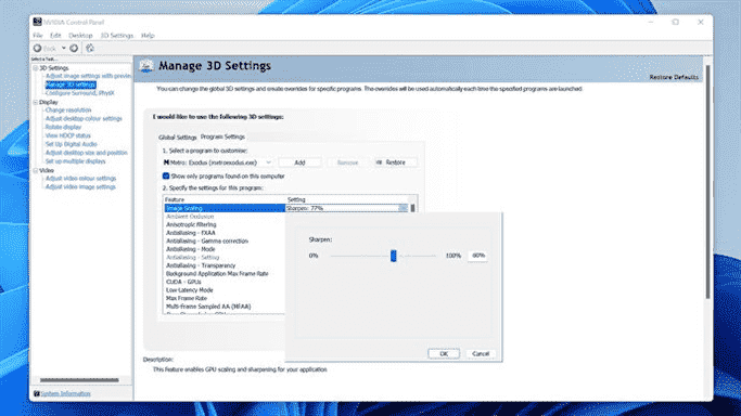 Une capture d'écran du panneau de configuration Nvidia, montrant comment modifier le paramètre de netteté de l'échelle d'image pour chaque jeu.