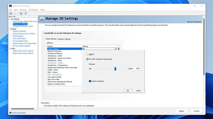 Une capture d'écran du panneau de configuration Nvidia, montrant le processus d'activation de la mise à l'échelle de l'image.