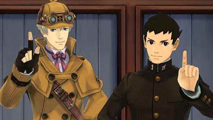 The Great Ace Attorney Chronicles - Ryunosuke Naruhodo et Herlock Sholmes se tiennent côte à côte dans une salle d'audience.