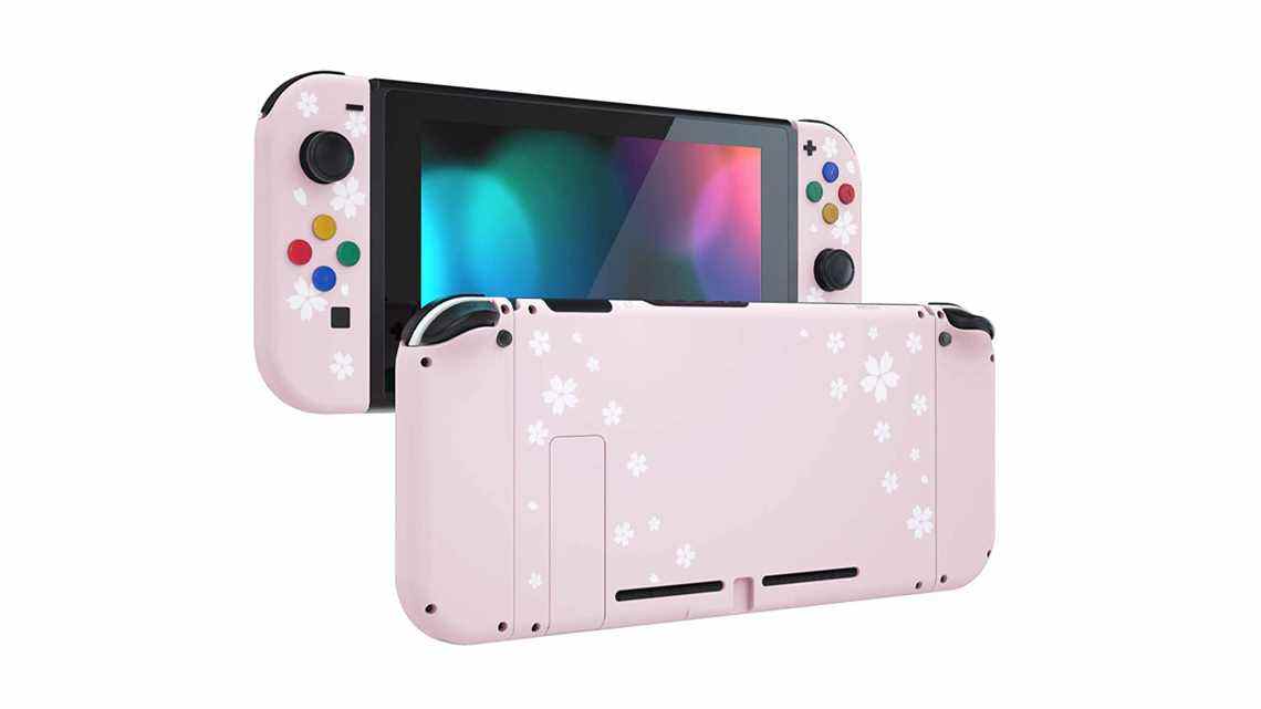 eXtremeRate Pink Sakura Petals Plaque arrière et boîtier du contrôleur Nintendo Switch sur un fond blanc