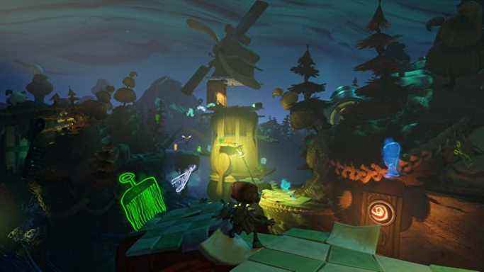 Un paysage dans Psychonauts 2, une petite ville avec des bâtiments faits de cheveux tressés ou attachés ensemble.