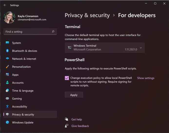 Windows 11 aura Terminal comme outil de ligne de commande par défaut