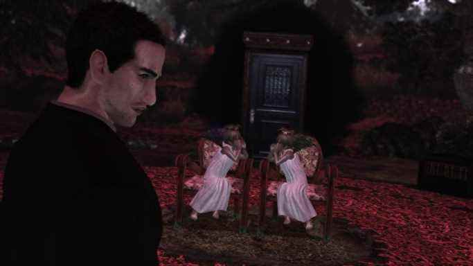 Des jumeaux étranges chuchotant dans une capture d'écran de Deadly Premonition.