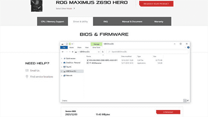 Une capture d'écran de la page de téléchargement de la mise à jour du BIOS pour une carte mère Asus, avec les fichiers téléchargés affichés dans une fenêtre de l'Explorateur Windows superposée.