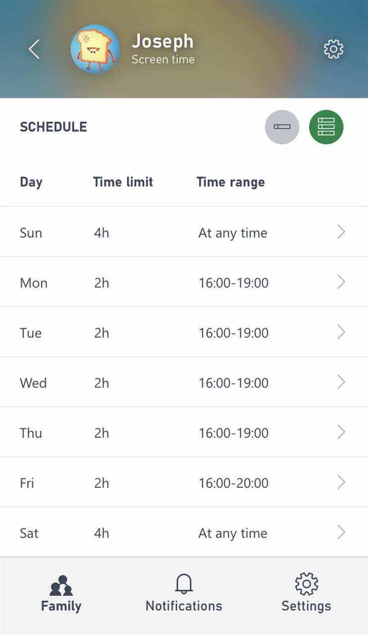 Calendrier des paramètres de la famille Xbox