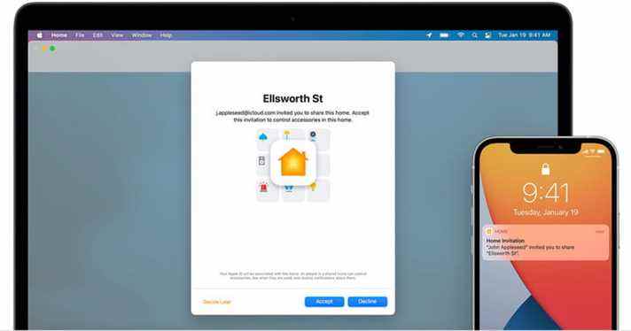 MacBook affichant une invitation de partage HomeKit Home.